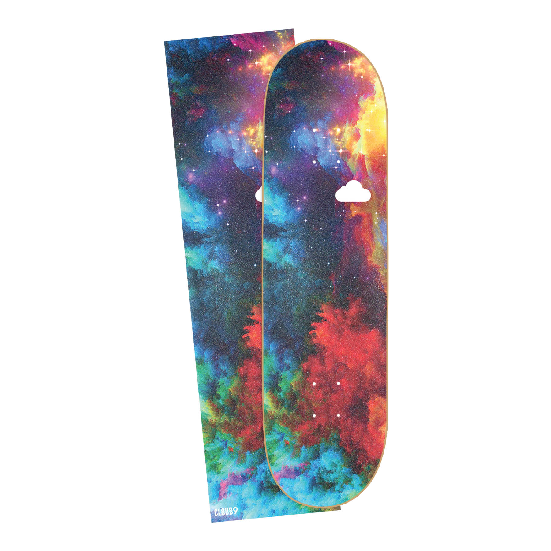 Cloud 9 Watercolor Galaxy Griptape setup on a skateboard deck